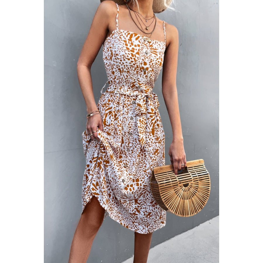 Printed Spaghetti Strap Decorative Button Belted Dress White/Brown / S