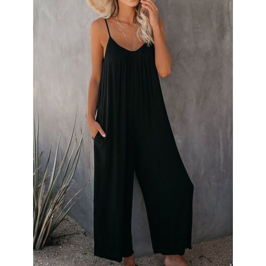 Printed Spaghetti Strap Jumpsuit with Pockets Black / S Clothing