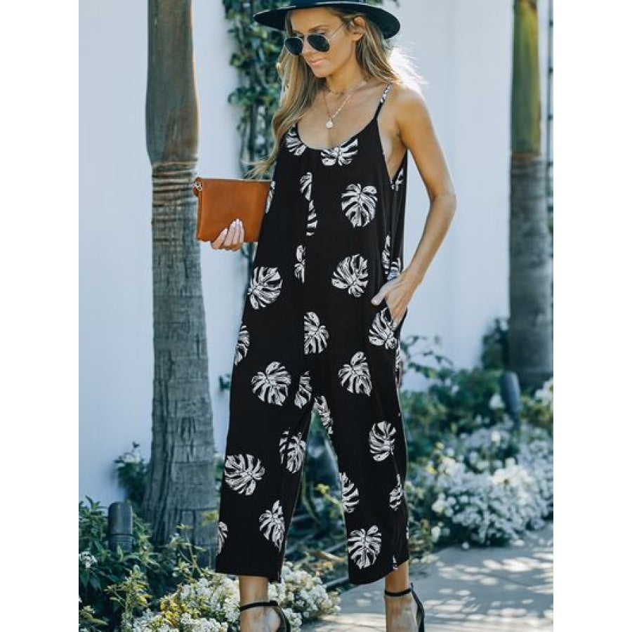 Printed Spaghetti Strap Jumpsuit with Pockets Floral / S Clothing