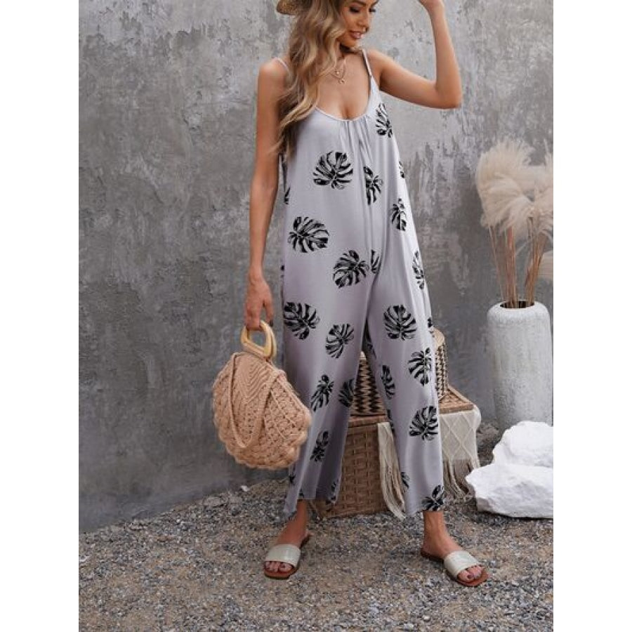 Printed Spaghetti Strap Jumpsuit with Pockets Heather Gray / S Clothing