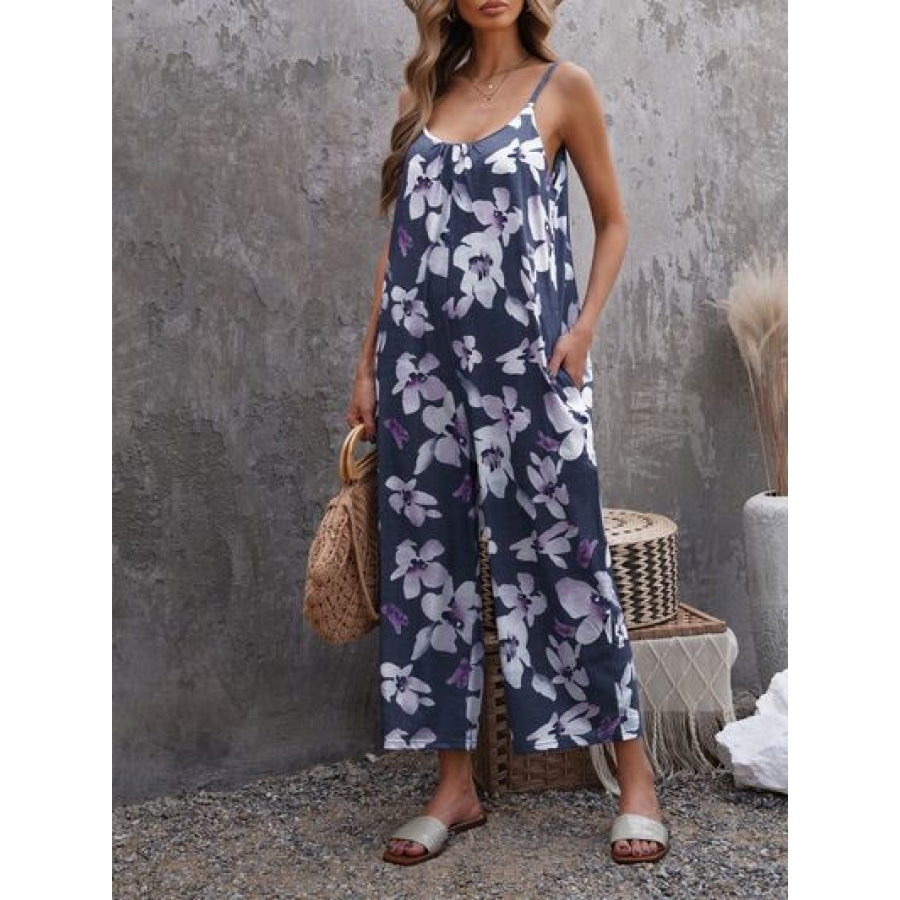 Printed Spaghetti Strap Jumpsuit with Pockets Light Indigo / S Clothing