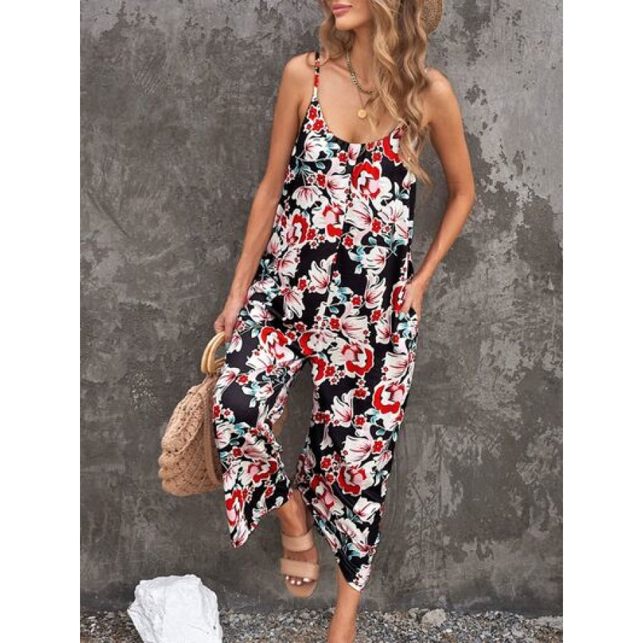 Printed Spaghetti Strap Jumpsuit with Pockets Strawberry / S Clothing