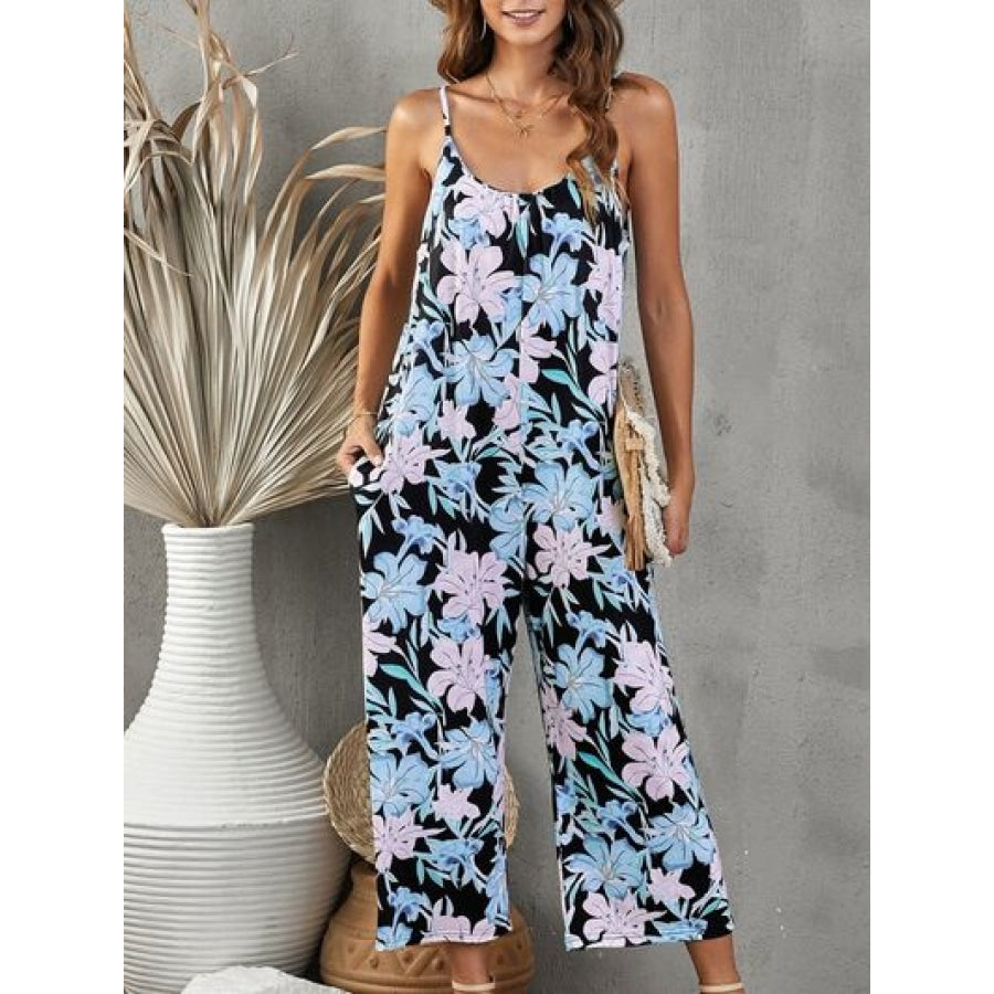 Printed Spaghetti Strap Jumpsuit with Pockets Ultra marine / S Clothing