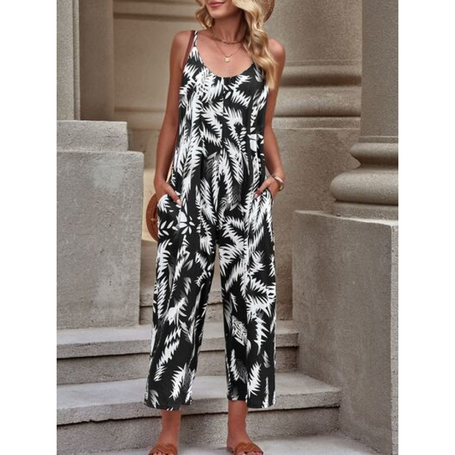 Printed Spaghetti Strap Jumpsuit with Pockets White / S Clothing