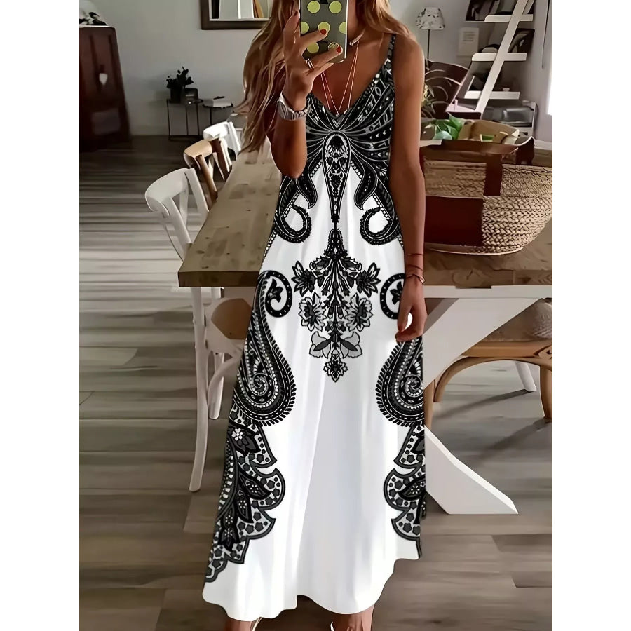 Printed Spaghetti Strap Maxi Dress Black / S Apparel and Accessories
