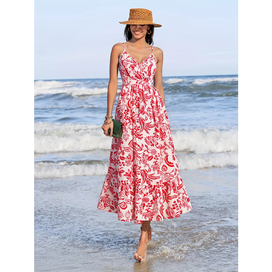 Printed Spaghetti Strap Midi Dress Red / S Apparel and Accessories