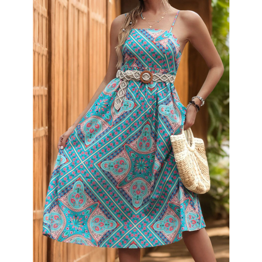 Printed Spaghetti Strap Midi Dress Teal / S Apparel and Accessories