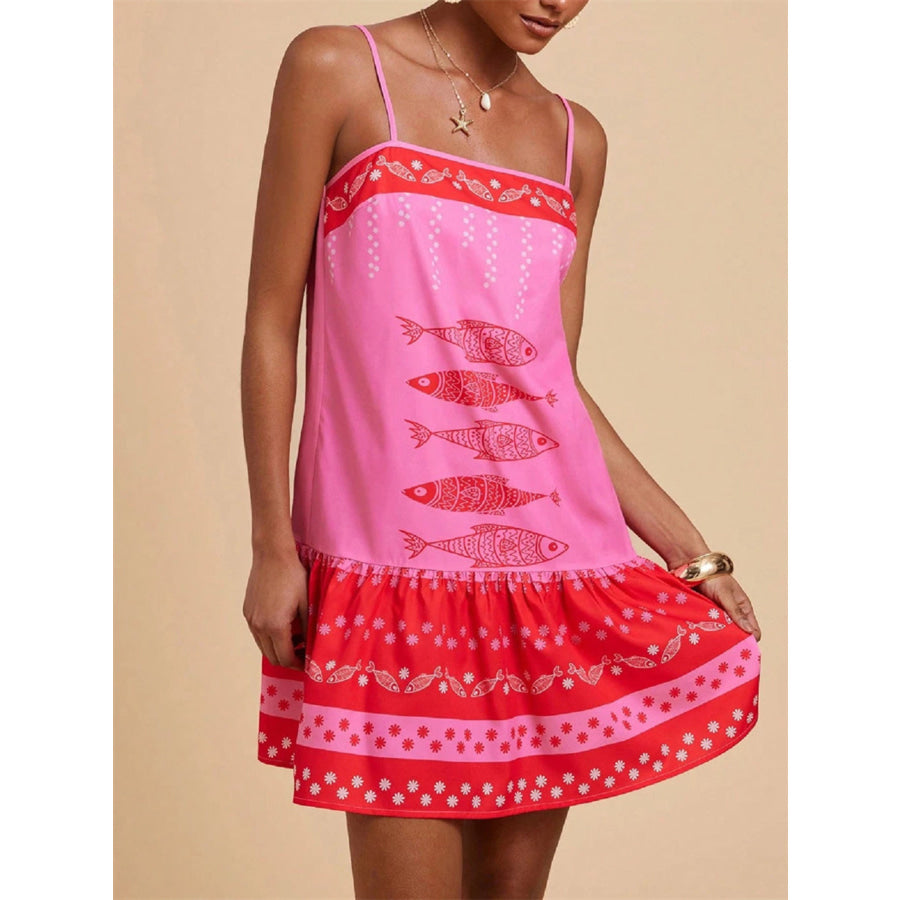 Printed Spaghetti Strap Mini Dress Rose Red / S Apparel and Accessories