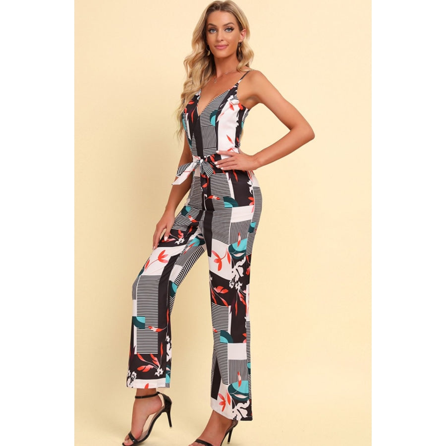 Printed Spaghetti Strap Tied Jumpsuit