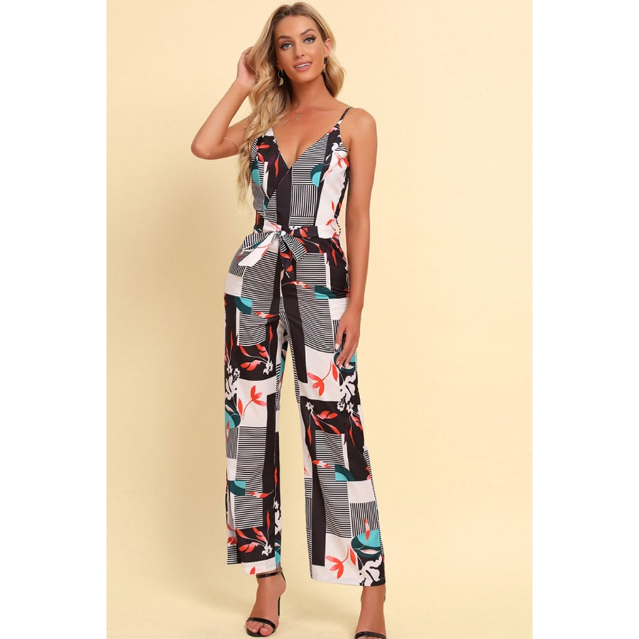 Printed Spaghetti Strap Tied Jumpsuit