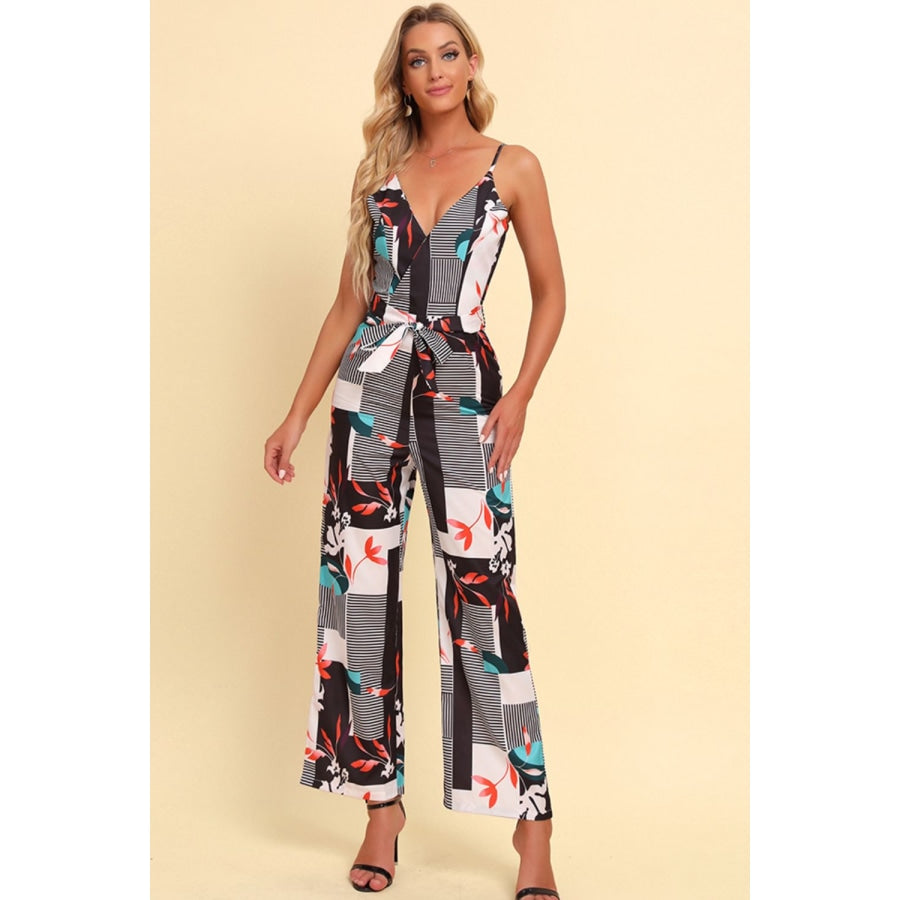 Printed Spaghetti Strap Tied Jumpsuit White / S