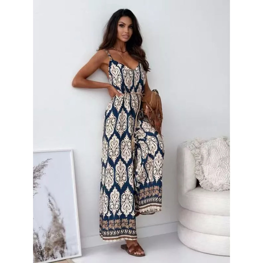 Printed Spaghetti Strap Wide-Leg Jumpsuit Dust Storm / S Apparel and Accessories