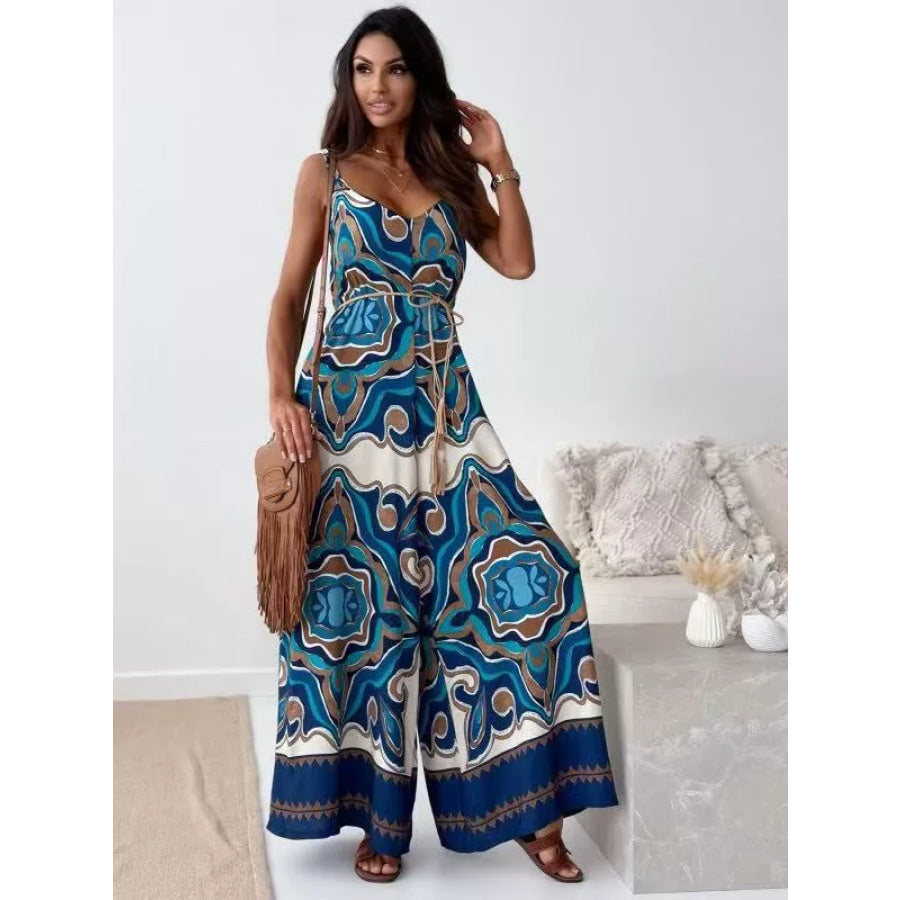 Printed Spaghetti Strap Wide-Leg Jumpsuit Peacock Blue / S Apparel and Accessories