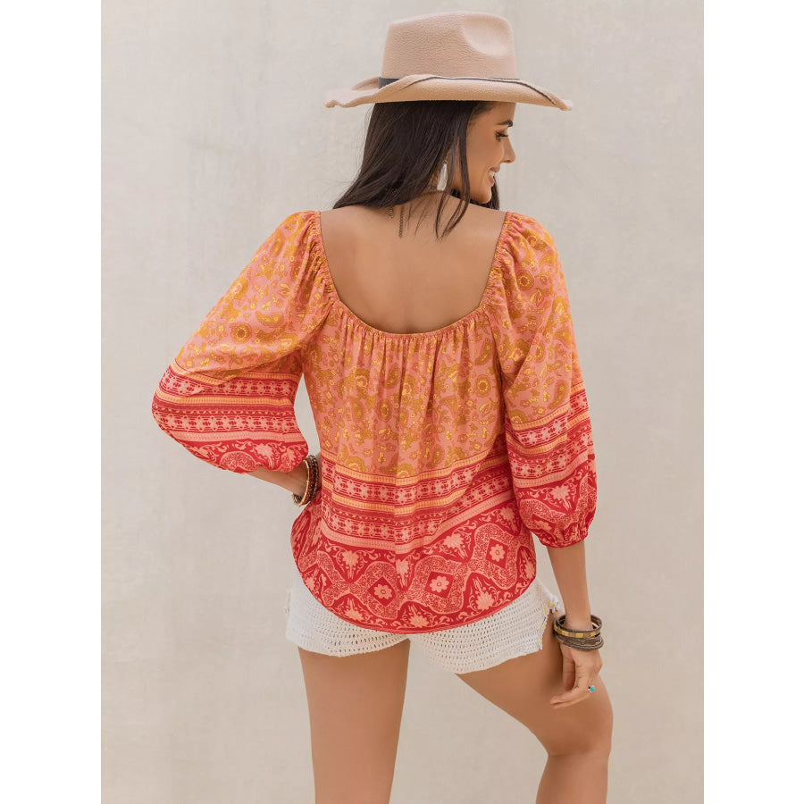 Printed Square Neck Balloon Sleeve Blouse Apparel and Accessories