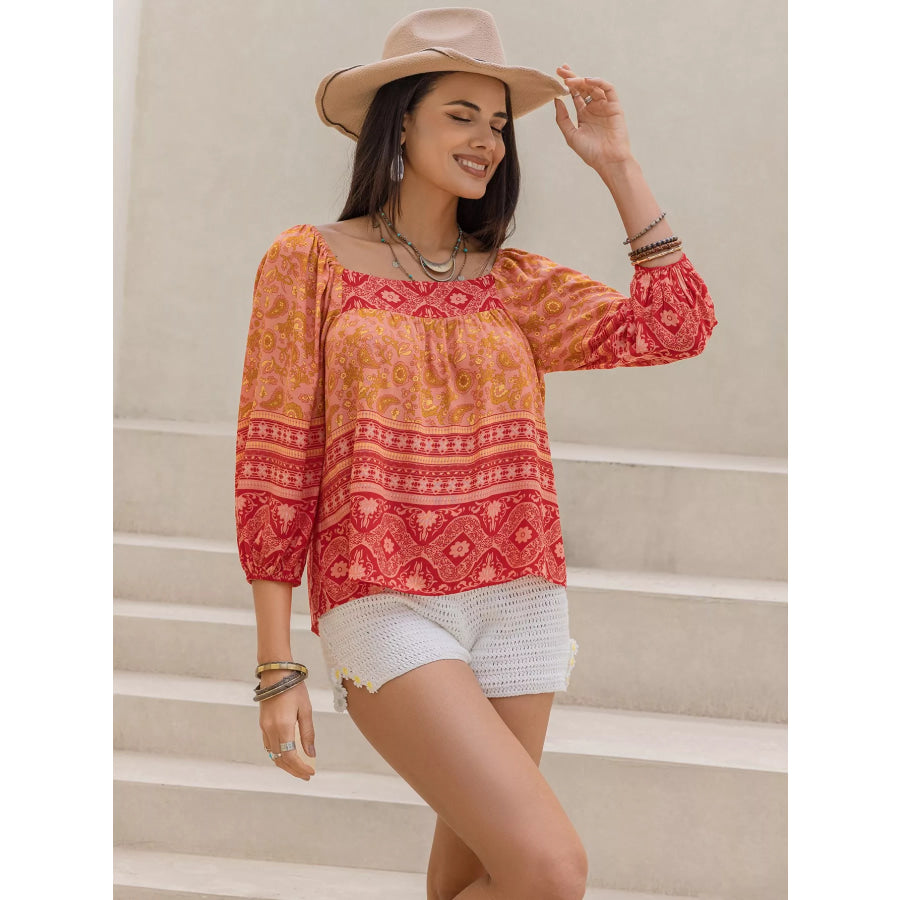 Printed Square Neck Balloon Sleeve Blouse Apparel and Accessories