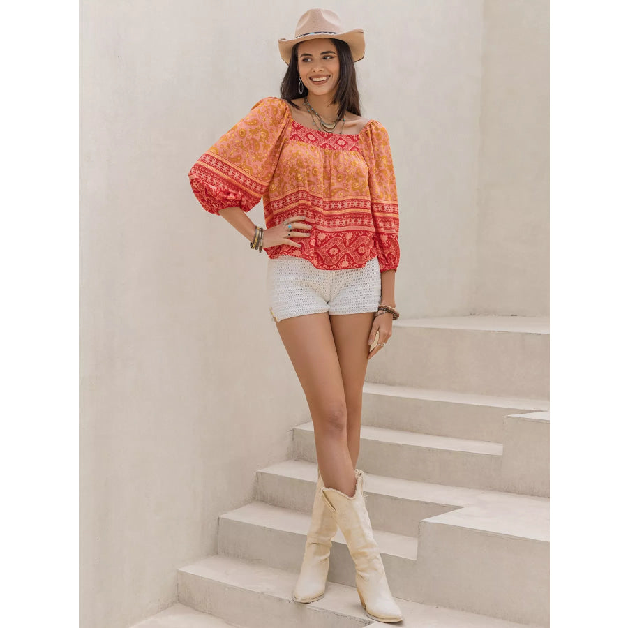 Printed Square Neck Balloon Sleeve Blouse Apparel and Accessories