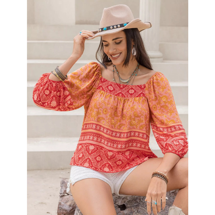 Printed Square Neck Balloon Sleeve Blouse Apparel and Accessories