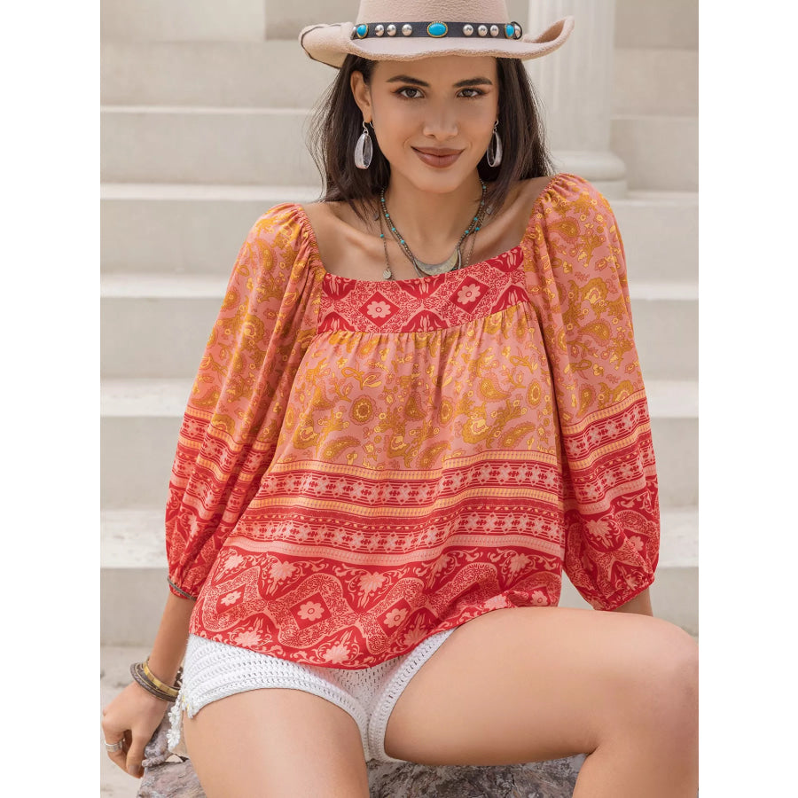 Printed Square Neck Balloon Sleeve Blouse Orange / S Apparel and Accessories