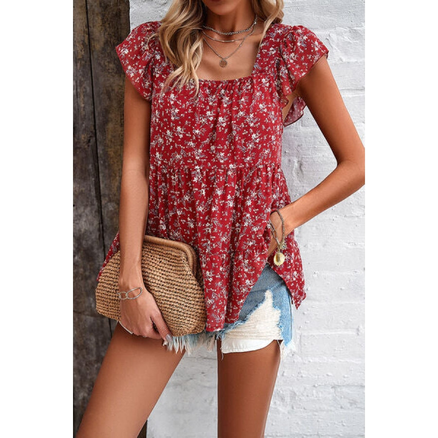 Printed Square Neck Cap Sleeve Blouse Apparel and Accessories