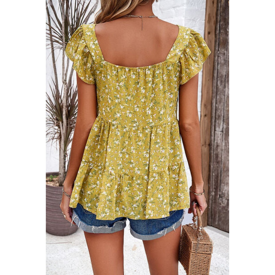 Printed Square Neck Cap Sleeve Blouse Apparel and Accessories