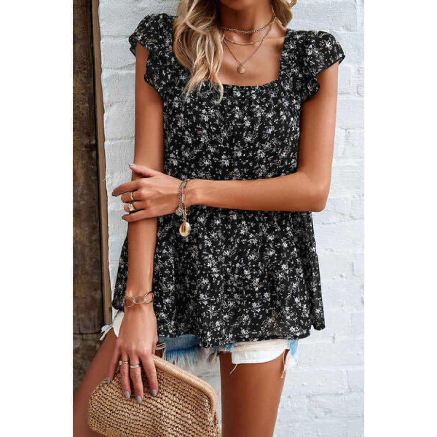 Printed Square Neck Cap Sleeve Blouse Apparel and Accessories