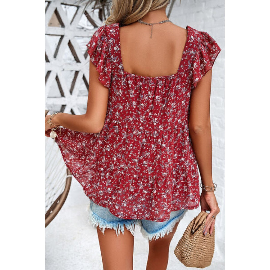 Printed Square Neck Cap Sleeve Blouse Apparel and Accessories