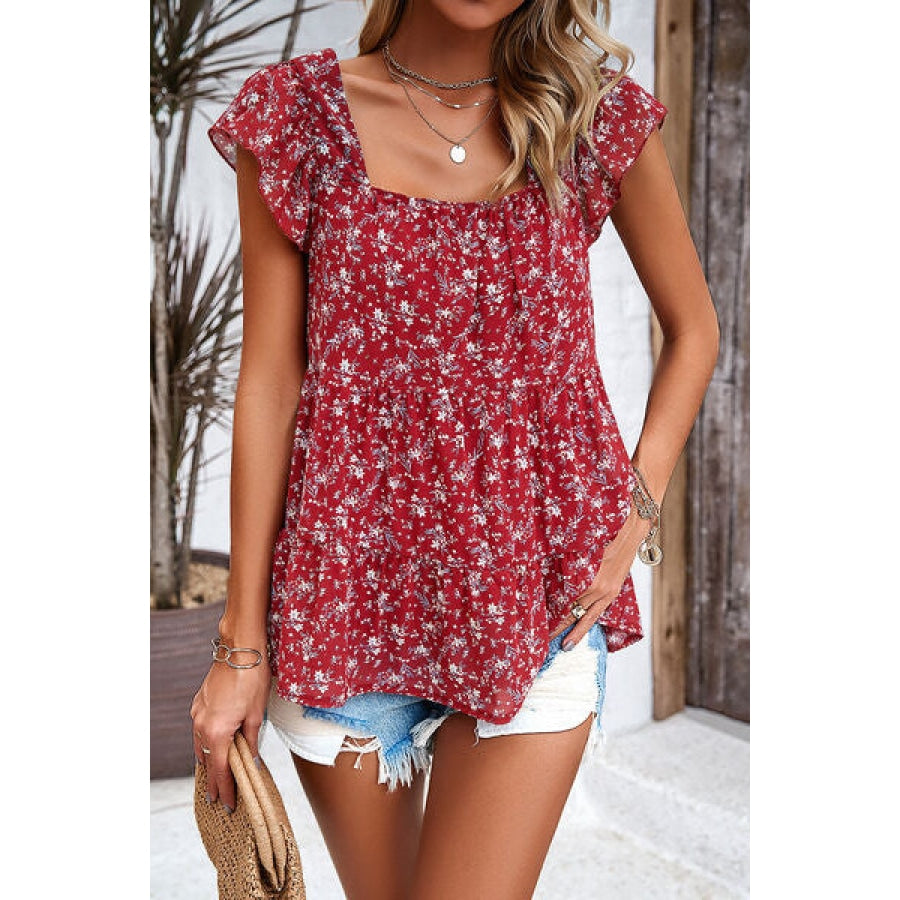 Printed Square Neck Cap Sleeve Blouse Apparel and Accessories