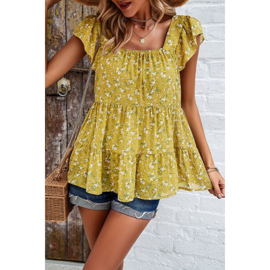 Printed Square Neck Cap Sleeve Blouse Apparel and Accessories