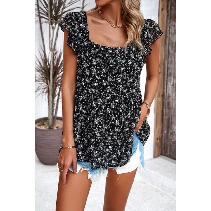 Printed Square Neck Cap Sleeve Blouse Apparel and Accessories