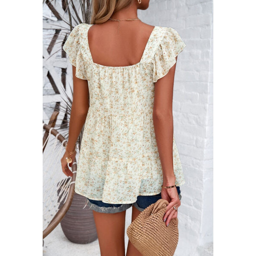 Printed Square Neck Cap Sleeve Blouse Apparel and Accessories