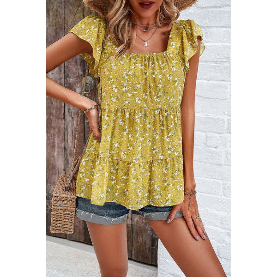 Printed Square Neck Cap Sleeve Blouse Chartreuse / S Apparel and Accessories