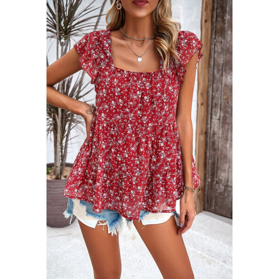 Printed Square Neck Cap Sleeve Blouse Deep Red / S Apparel and Accessories