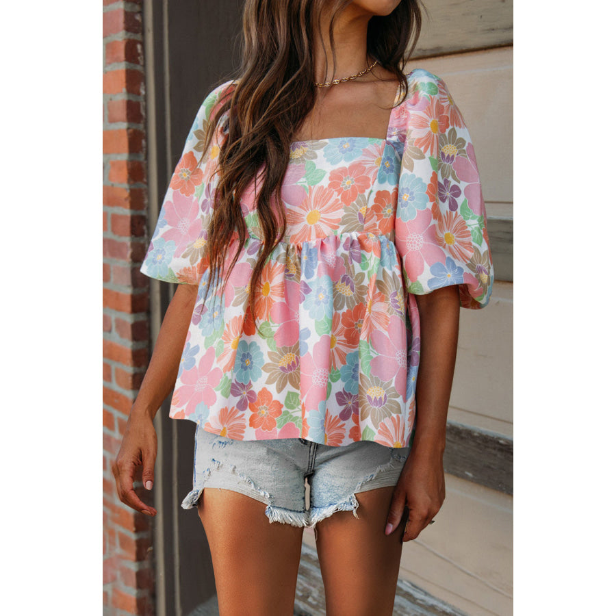 Printed Square Neck Half Sleeve Blouse Floral / S Apparel and Accessories