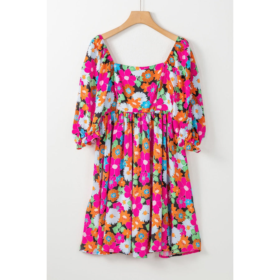 Printed Square Neck Half Sleeve Mini Dress Floral / S Apparel and Accessories
