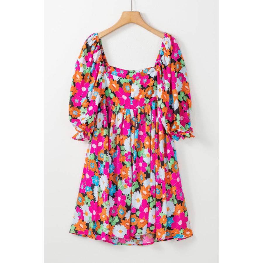 Printed Square Neck Half Sleeve Mini Dress Apparel and Accessories