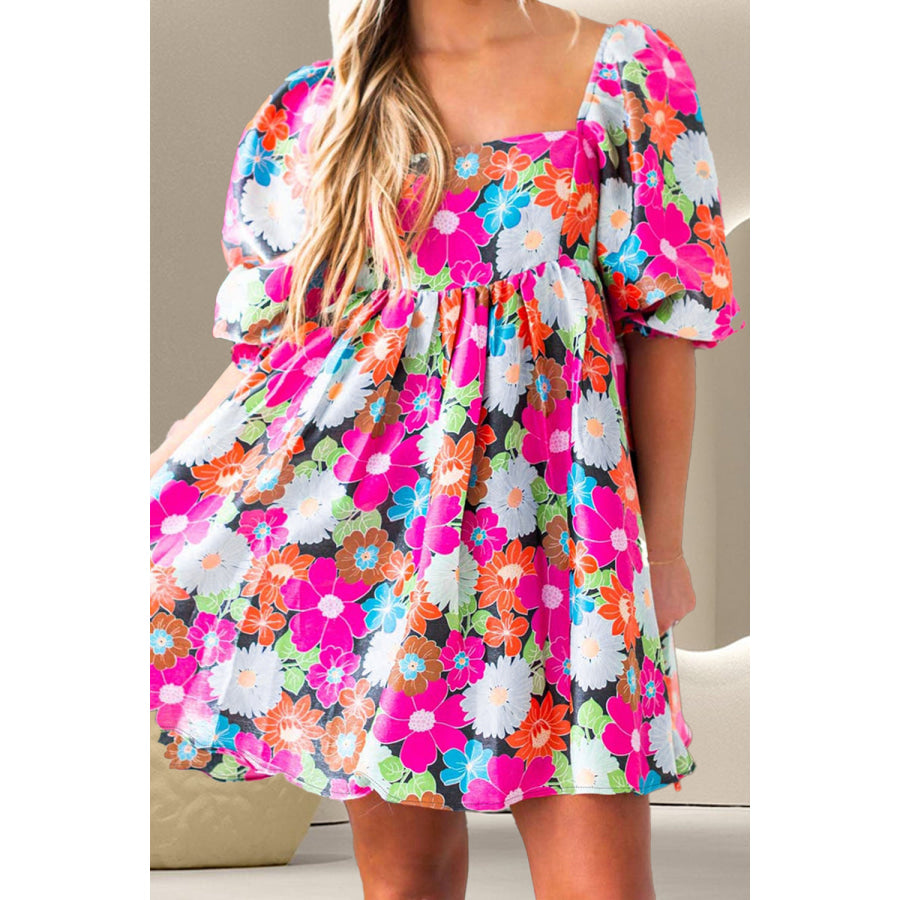 Printed Square Neck Half Sleeve Mini Dress Floral / S Apparel and Accessories