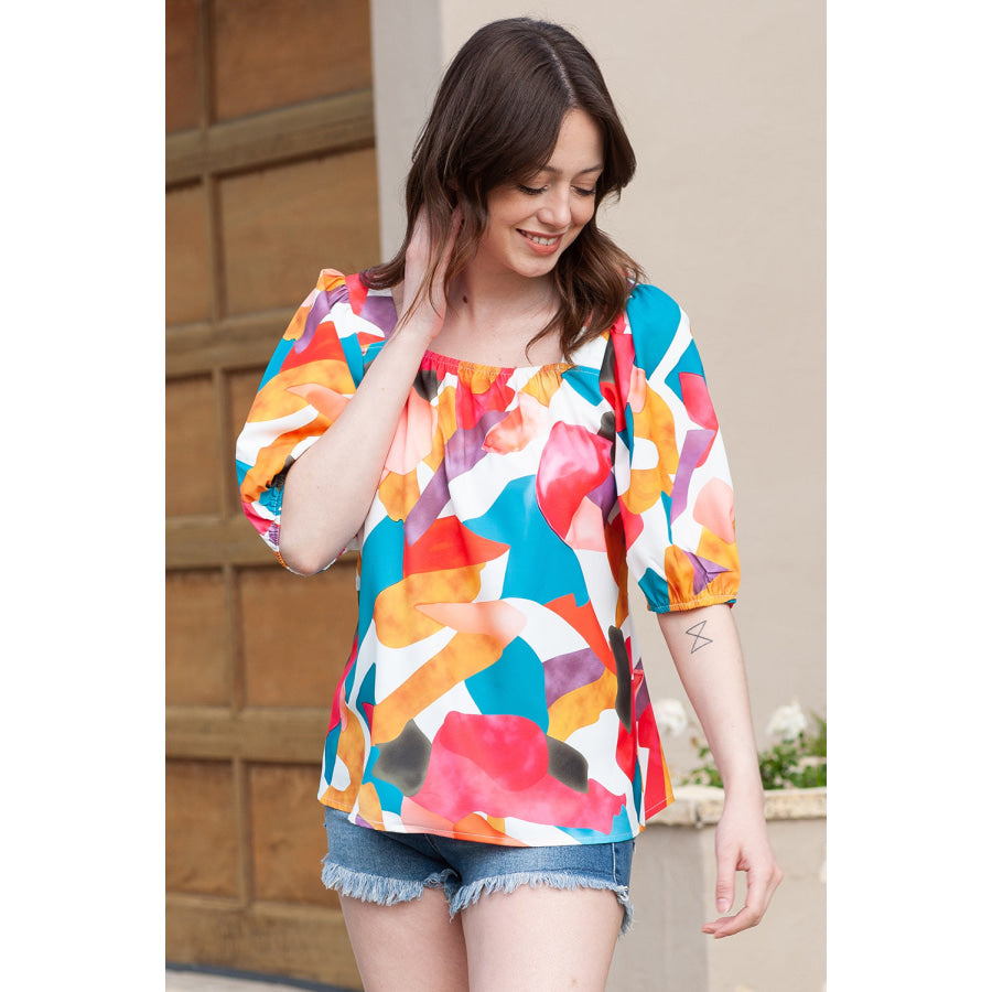 Printed Square Neck Half Sleeve Top Multicolor / S