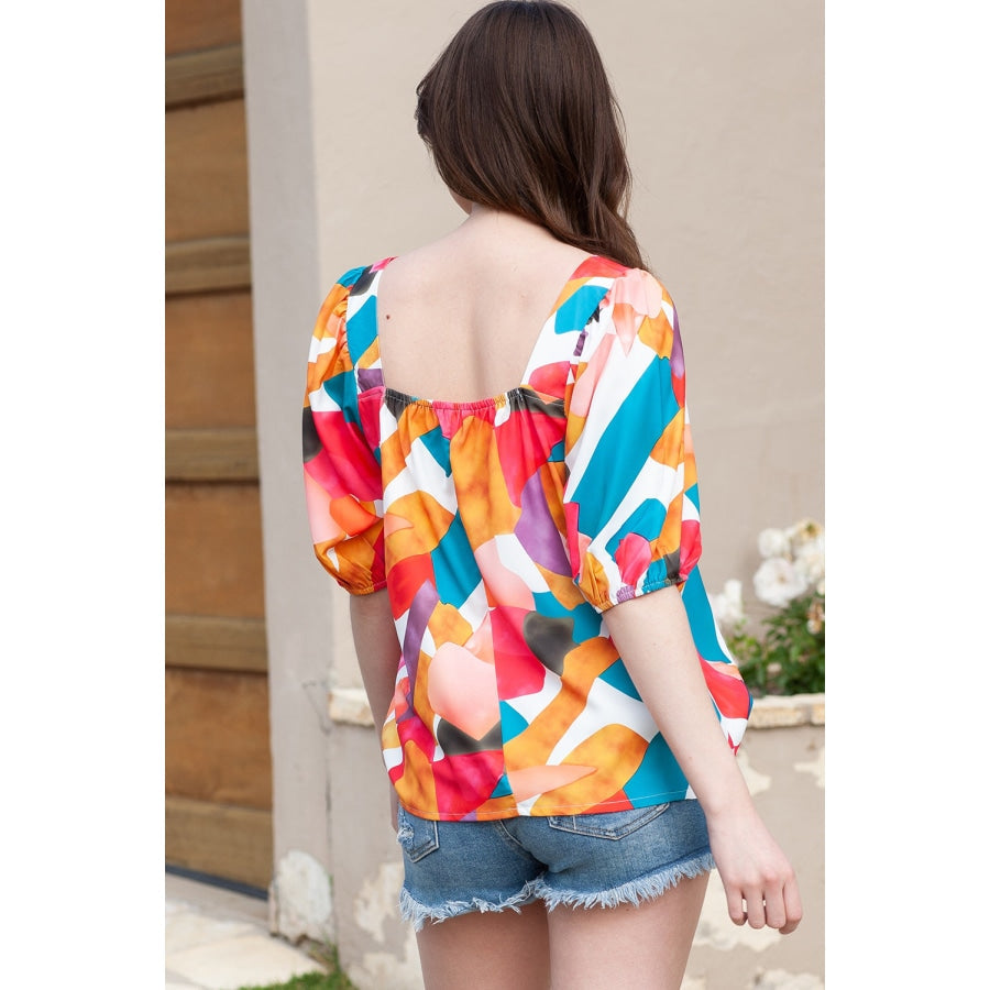 Printed Square Neck Half Sleeve Top Multicolor / S