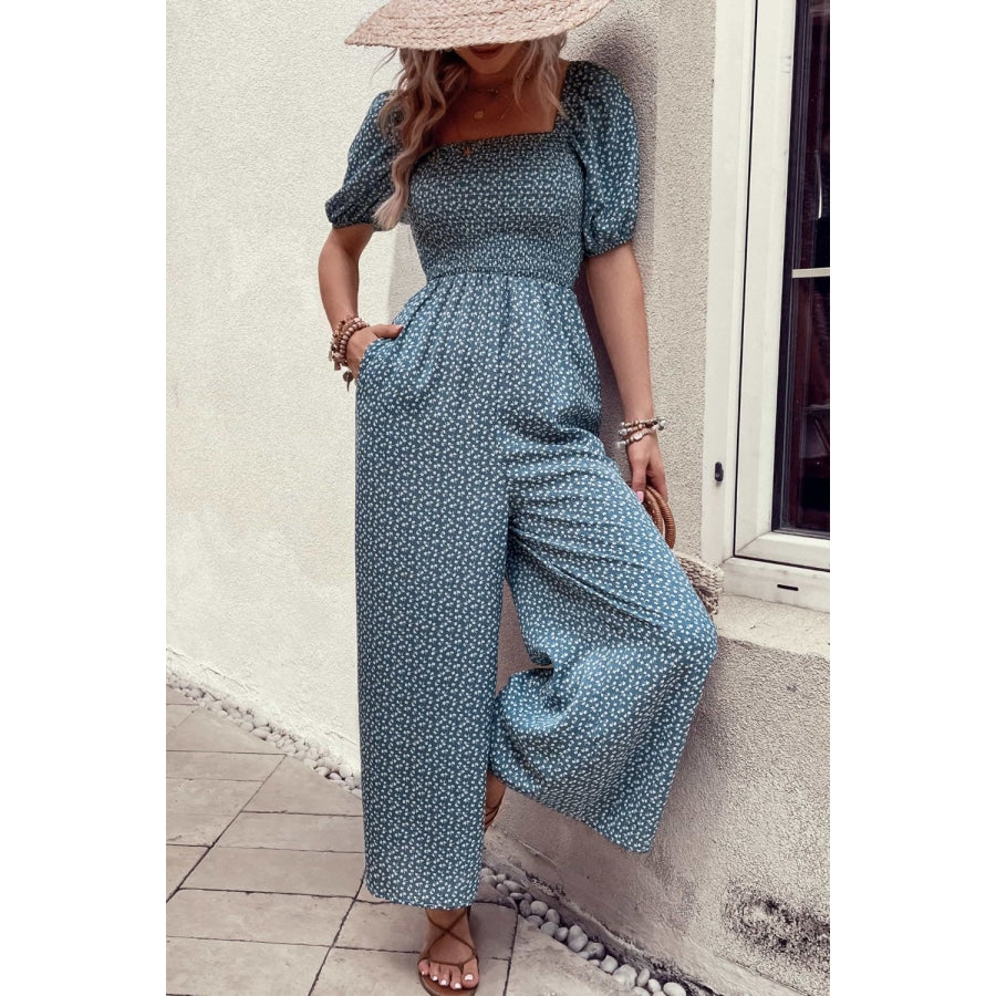 Printed Square Neck Jumpsuit with Pockets Azure / S