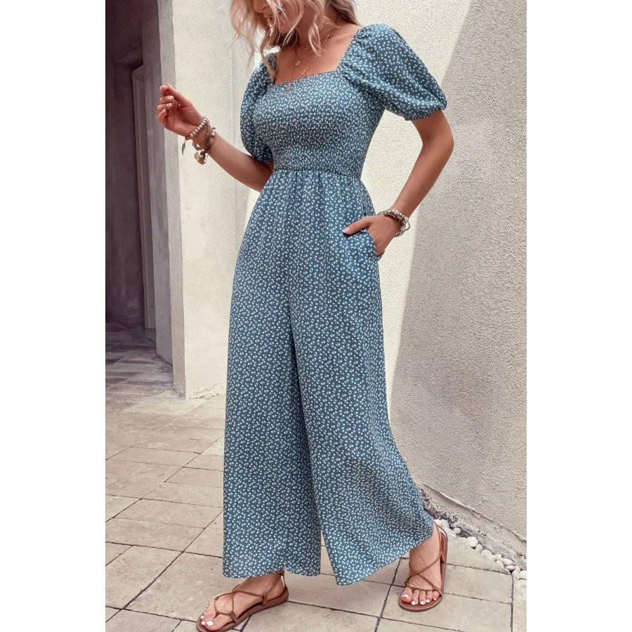 Printed Square Neck Jumpsuit with Pockets