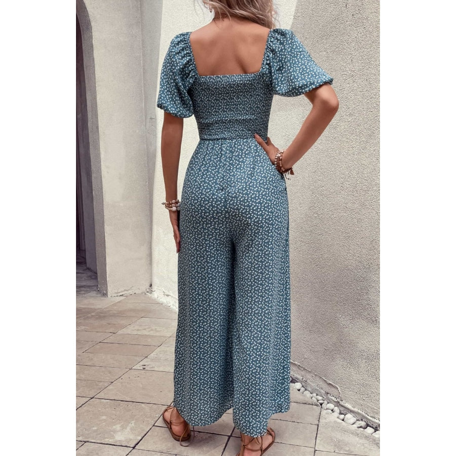 Printed Square Neck Jumpsuit with Pockets