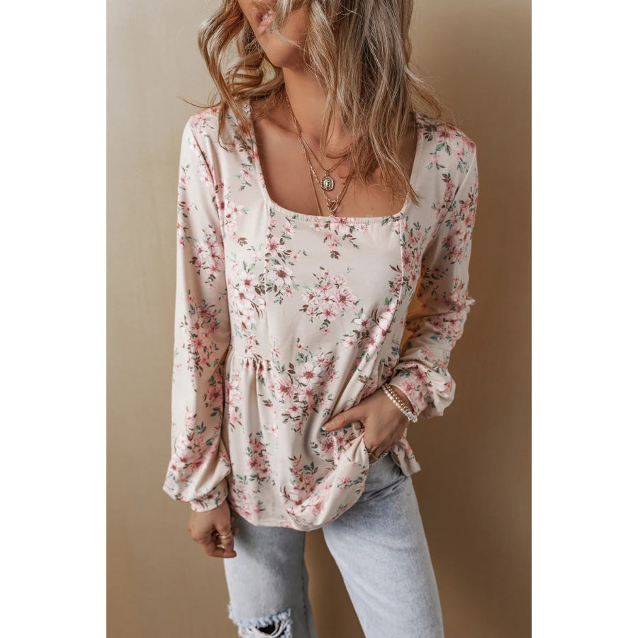 Printed Square Neck Long Sleeve Blouse Apparel and Accessories