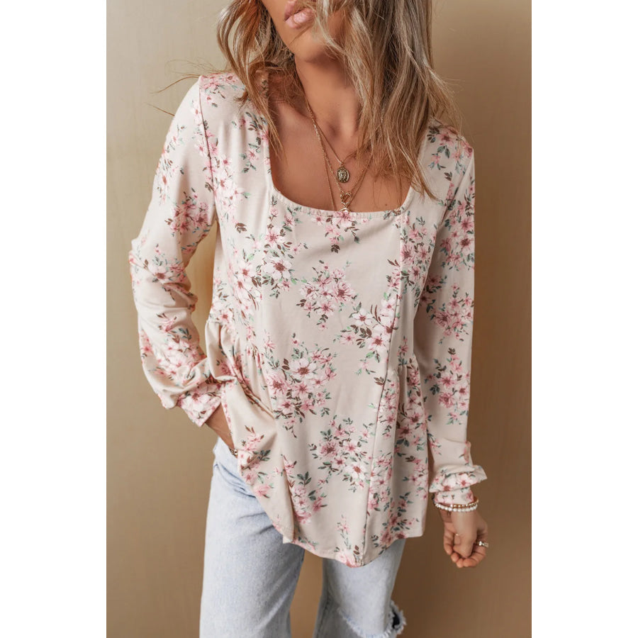 Printed Square Neck Long Sleeve Blouse Apparel and Accessories