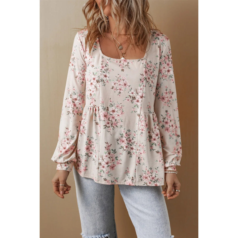 Printed Square Neck Long Sleeve Blouse Apparel and Accessories