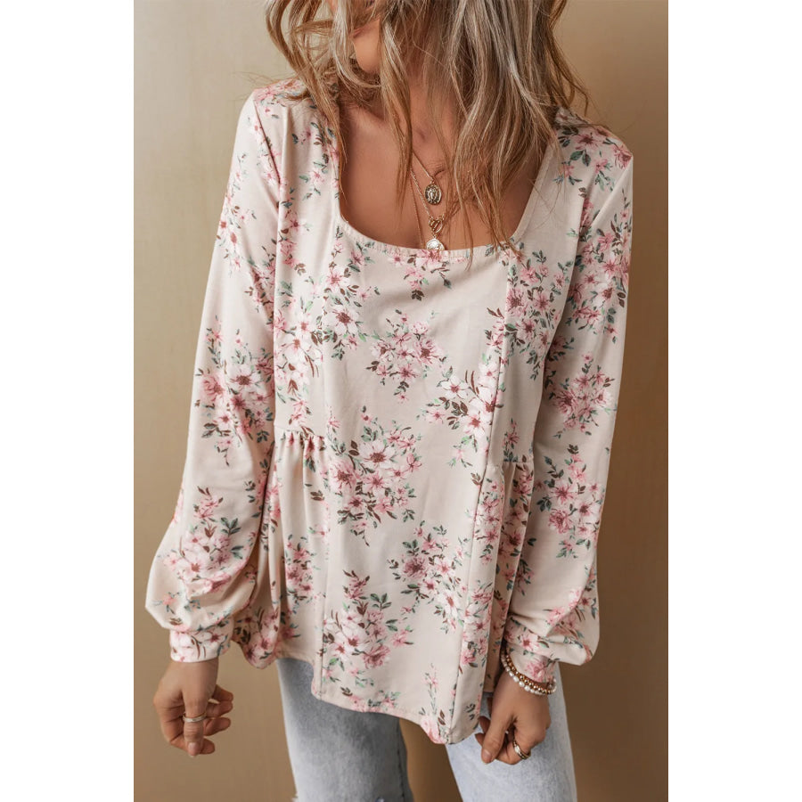 Printed Square Neck Long Sleeve Blouse Floral / S Apparel and Accessories