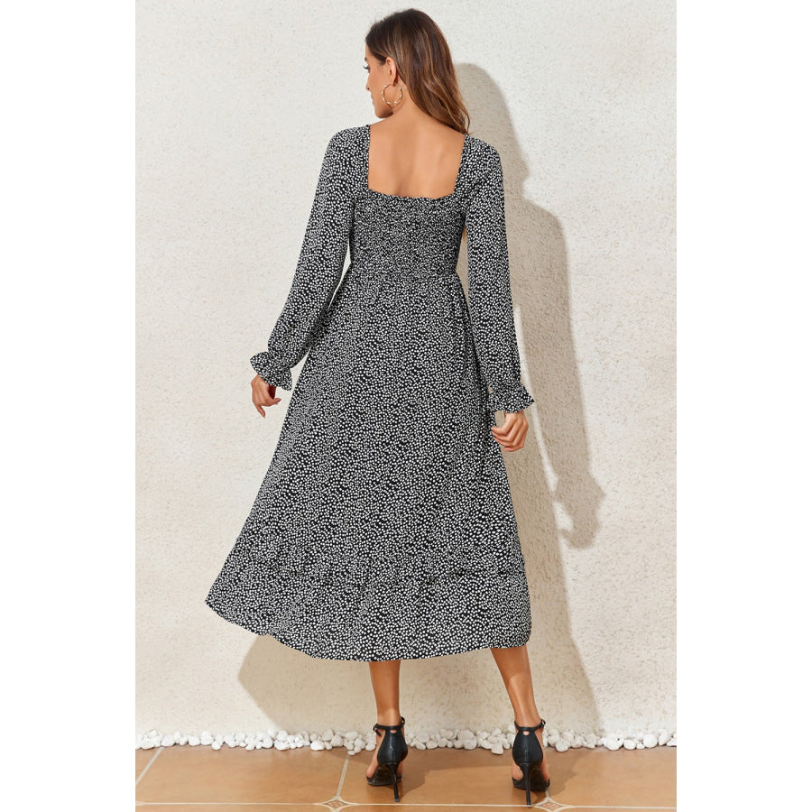 Printed Square Neck Long Sleeve Midi Dress Apparel and Accessories