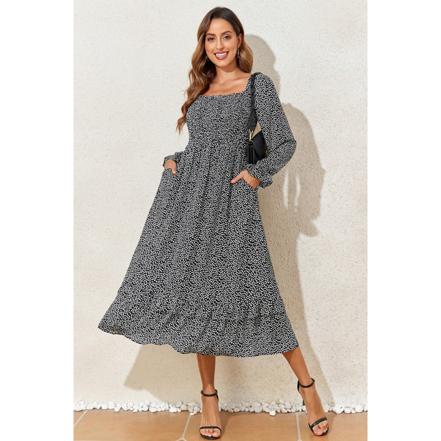 Printed Square Neck Long Sleeve Midi Dress Apparel and Accessories