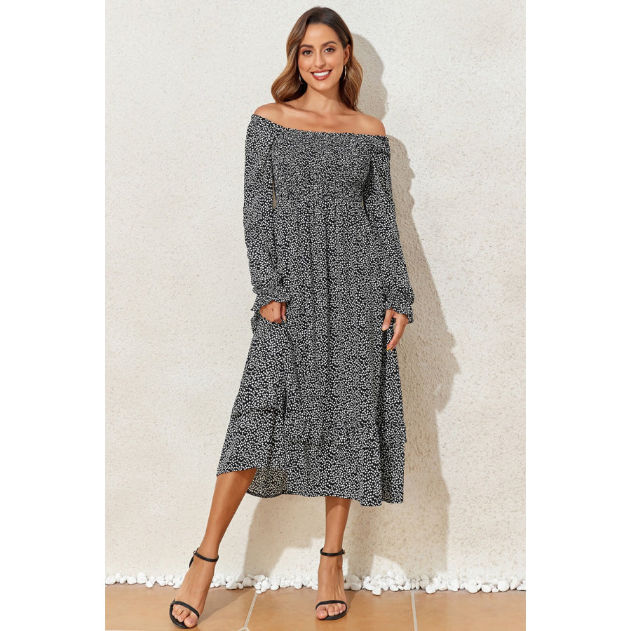 Printed Square Neck Long Sleeve Midi Dress Apparel and Accessories