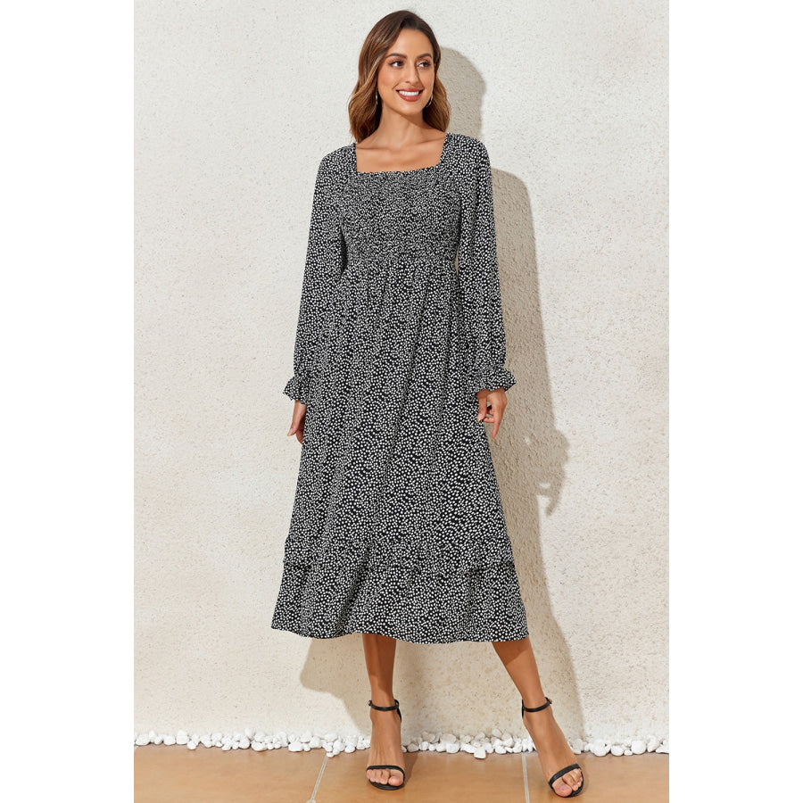 Printed Square Neck Long Sleeve Midi Dress Apparel and Accessories