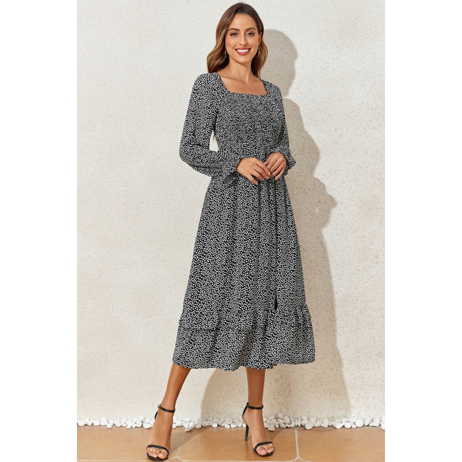 Printed Square Neck Long Sleeve Midi Dress Apparel and Accessories